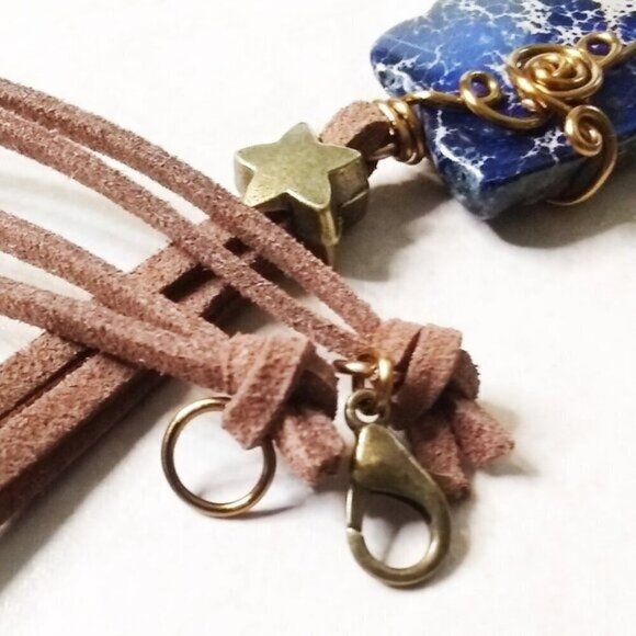 Wire Wrapped Dark Blue Sea Sediment Jasper Pendant! Faux Suede Cord + Star ~ 19" - Picture 3 of 10
